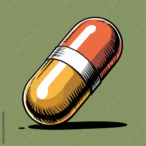 Illustration of a pill medicine, drawn in a bold American comic