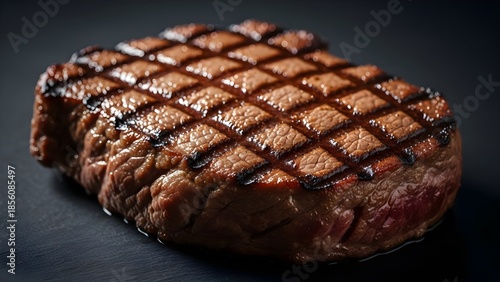 Grilled steak with charred grid pattern on dark surface