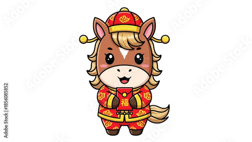 chinese new year cartoon horse in traditional costume