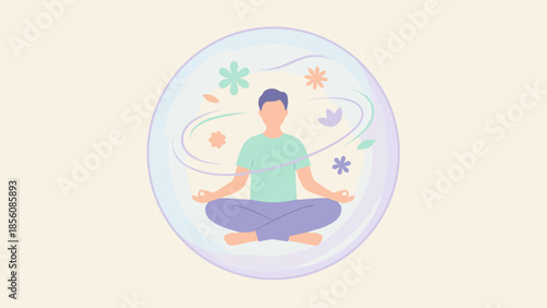 Man meditating in lotus pose inside transparent protective bubble. Mindfulness and personal space concept. Mental health calm and balance. Introvert comfort zone. Yoga serenity and peace