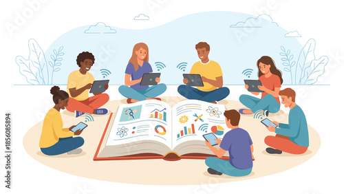 Diverse students sitting around huge book learning online via tablets. Education technology concept. Digital school study. E-learning group with wifi icons. Flat vector illustration.