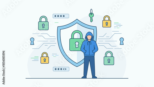 Cybersecurity protection concept. Hooded figure with shield and locks. Data privacy safety. Internet security technology. Digital defense. Password access. Antivirus firewall.