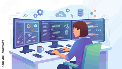 App development, coding. Programmer sitting at desk with multiple screens showing code. Software engineer coding. Web developer workspace. Abstract technology vector illustration.