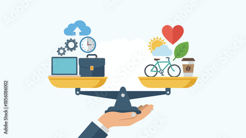 Work life balance concept. Scales balancing professional career and personal leisure. Hand holding weight scale. Business icons vs lifestyle symbols. Equilibrium between job and life.