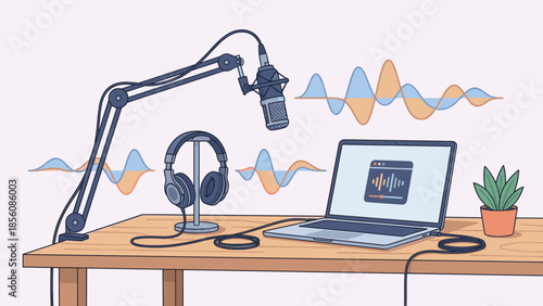 Podcast recording studio setup microphone headphones laptop. Digital audio broadcasting concept sound waves. Online radio workstation. Media content creation technology illustration