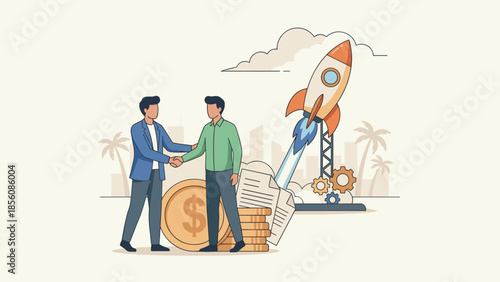 Startup funding investment concept. Business partnership. Men shaking hands. Rocket launch success. Financial deal. Venture capital. Growth strategy. Entrepreneur investor cooperation.