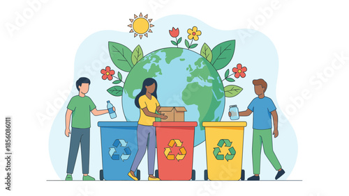 Recycling waste concept. People sorting garbage into colored bins. Environmental protection. Sustainability. Trash separation. Save planet earth. Zero waste. Waste management.