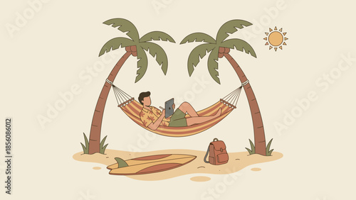 Digital nomad working on tablet in hammock between palm trees. Remote work concept. Freelancer relaxing on tropical beach with surfboard. Summer vacation. Mobile business lifestyle.