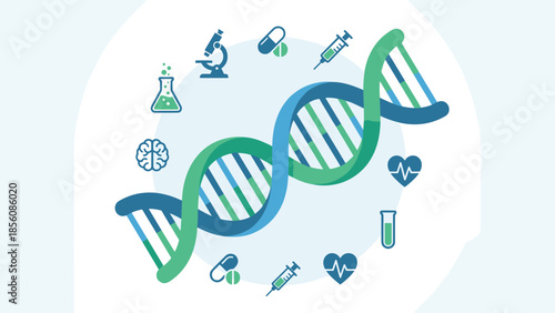 Stylized DNA helix with medical icons. Genetics biotechnology concept. Healthcare science research biology illustration. Medicine pharmaceutical symbols vector. Molecular structure
