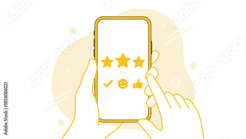 Customer satisfaction concept. Star rating feedback smartphone screen. Hand holding mobile phone. Positive review. Excellent service. User experience. Best performance. Top quality. Voting.