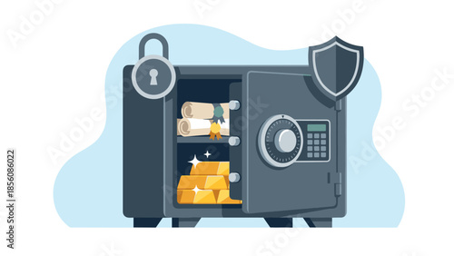Open steel safe with gold bars and legal documents. Financial security concept. Asset protection vault. Wealth storage. Banking deposit box. Flat vector. Shield and padlock. Investment