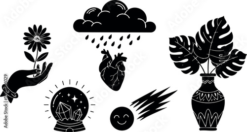 Black silhouette mystical elements including hand flower heart cloud rain vase vector illustration 