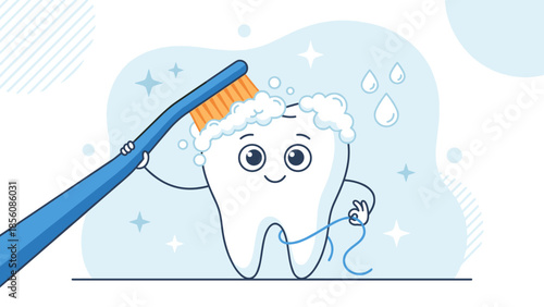 Dental care concept. Cute cartoon tooth character brushing with toothbrush and holding floss. Oral hygiene. Happy mascot cleaning. Dentistry. Healthy white teeth. Children healthcare.