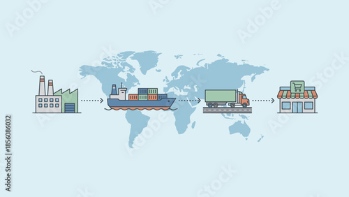 Global supply chain logistics process map. Manufacturing factory, cargo ship, transport truck to retail store. International trade distribution. Import export business commerce flow.