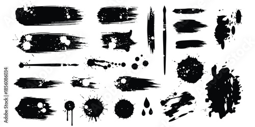 Collection of expressive grunge ink brush strokes and artistic paint splatters