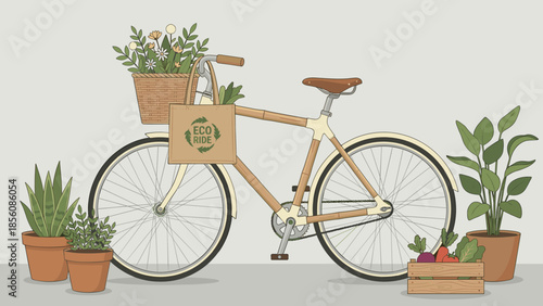 Bamboo bicycle with flower basket. Sustainable transport. Vegetable crate. Green living. Organic food. Minimalist vector illustration. Zero waste. Eco ride bag. Gardening. Nature.