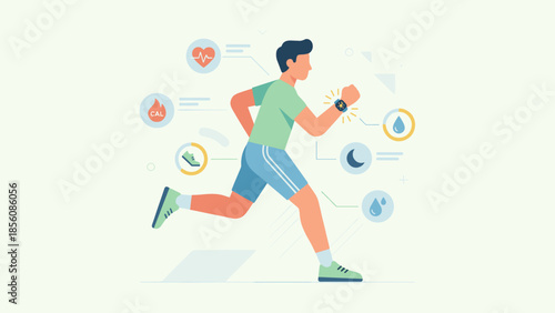 Smart healthcare wearable concept. Person running with smartwatch. Floating health metrics icons. Fitness tracker data. Heart rate, calories. Digital sport technology. Jogging man app.