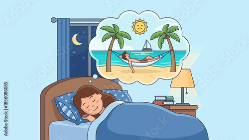 Woman sleeping comfortably in bed dreaming of summer beach vacation. Thought bubble showing relaxing in hammock under palms. Holiday wish concept. Restful sleep and travel desire.