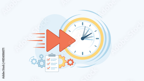 Time management concept. Fast forward button speeding up clock. Urgency metaphor. Productivity vector. Speed up process. Business workflow acceleration. Rapid progress. Efficiency.