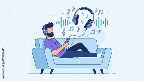 Man relaxing on sofa listening to music with headphones and smartphone. Audio streaming concept. Sound waves and notes. Podcast. Leisure time. Entertainment lifestyle. Flat vector.