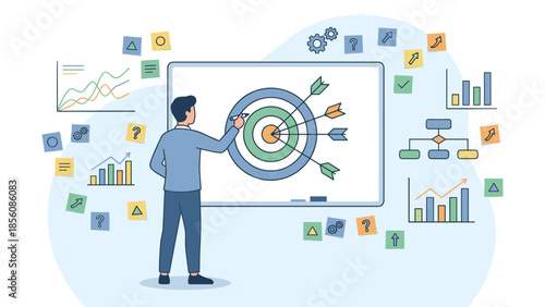 Business goal setting strategy. Businessman drawing target arrows on whiteboard. Success planning, marketing vision, financial analytics, corporate management achievement, growth