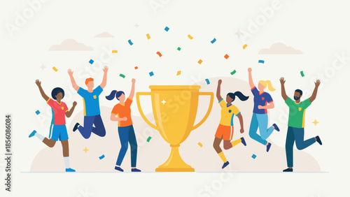 Diverse team celebrating victory with giant golden trophy. Happy group jumping with confetti. Concept of winning success achievement teamwork. Sport business winner. Champion prize cup.