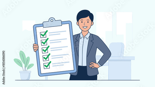 Successful business person holding clipboard with completed checklist. All tasks done. Productivity concept. Efficiency management. Office worker finished goals. Achievement plan. Vector
