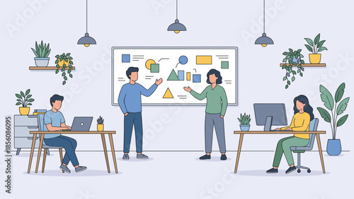 Modern startup office workspace vector illustration. Creative team collaboration. People working at desks and brainstorming at whiteboard. Business meeting concept. Employee workflow.