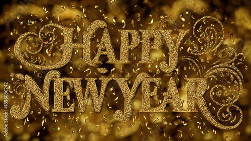 Glittering golden Happy New Year text with falling confetti on a festive bokeh background