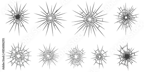Set of diverse cracked glass textures showcasing various impact fractures and shattered effects