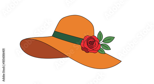 Stylish orange sun hat with a wide brim, a dark green ribbon, and a beautiful red rose with leaves, isolated on a white background.