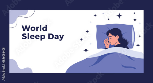 Peaceful 'World Sleep Day' banner showing a woman sleeping soundly in bed under a starry night sky, promoting rest and wellness.