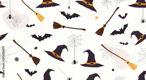 Spooky seamless Halloween pattern with witch hats, broomsticks, bats, and spiders on webs, creating a festive and magical background design.