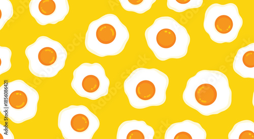 Sunny and cheerful seamless pattern of cartoon fried eggs scattered randomly across a bright, solid yellow background for breakfast lovers.