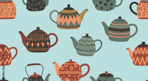 Cozy seamless pattern of decorative teapots with various ethnic and geometric patterns on a calm, light blue-green background.