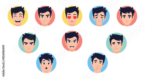 Set of ten circular avatar icons showing a young man with dark hair expressing various emotions like joy, love, anger, sadness, and surprise.