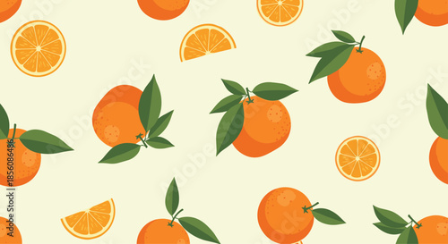 Fresh seamless pattern of whole oranges, slices, and leaves on a light yellow background, perfect for juice packaging, textiles, or summer designs.