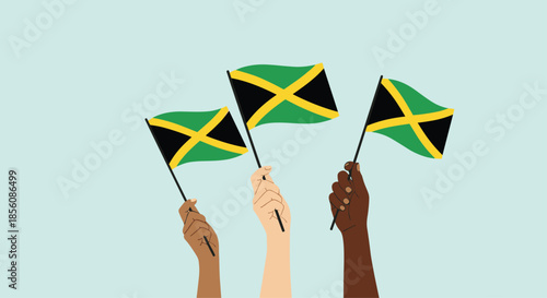 Diverse hands of different skin tones hold and wave Jamaican flags, celebrating national pride and unity against a light blue background illustration.