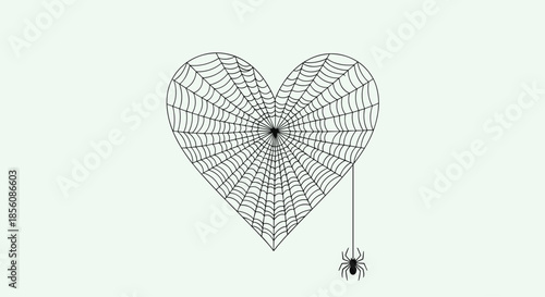 Heart-shaped spider web with a small spider dangling from it, a unique and gothic take on a love symbol, isolated on a light green background.