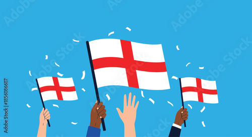 Crowd of diverse hands waving flags of England with falling confetti, celebrating a national holiday or sporting event against a bright blue background.