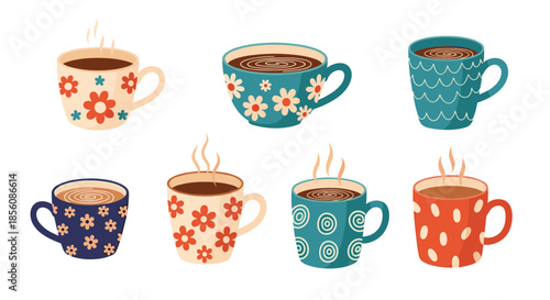 Group of eight colorful and cozy mugs filled with hot coffee or tea, decorated with various patterns like flowers and waves, isolated on white.