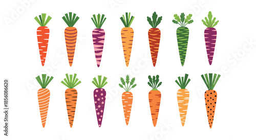 Variety of fourteen stylized carrots with different colors and patterns, including stripes and polka dots, isolated on a clean white background.