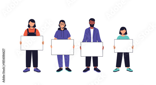 Four diverse young people standing and holding blank white signs, providing a mockup for protests, announcements, or messages, isolated on white.