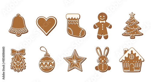Classic Christmas gingerbread cookie collection, including a man, tree, stocking, house, and star shapes, decorated with white icing and isolated.