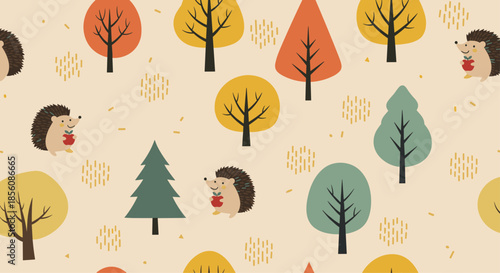 Autumnal seamless pattern with cute hedgehogs holding apples in a forest of colorful fall trees, perfect for children's textiles or seasonal wrapping paper.