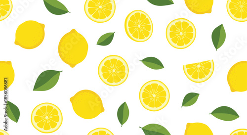 Vibrant and fresh seamless pattern with whole lemons, slices, and green leaves scattered on a white background for a zesty, summery design.