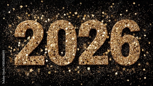2026 Golden Glitter New Year on Black Background with Scattered Sparkles