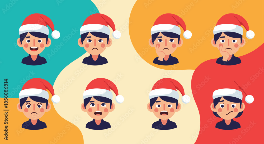 Fototapeta premium Christmas-themed set of eight avatar icons showing a young man in a Santa hat with various facial expressions against a colorful, wavy background.