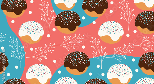 Delicious seamless pattern of sufganiyot, traditional Hanukkah donuts with chocolate and white frosting and sprinkles, on a colorful abstract background.