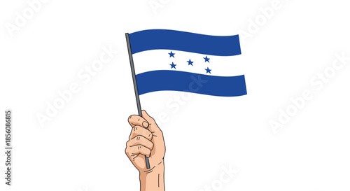 National flag of Honduras being held by a hand in a simple, hand-drawn cartoon style, waving and isolated against a clean white background.